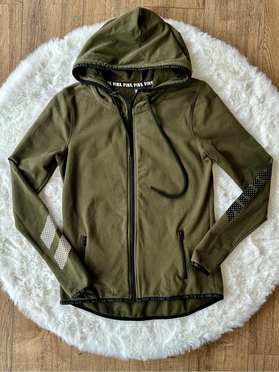 Victoria's Secret Jackets & Blazers - Victoria's Secret PINK Olive Green & Black Zip Reflective Running Jacket Hoodie